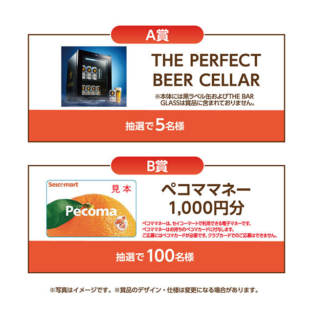 A賞：THE PERFECT BEER CELLAR 　B賞：ペコママネー1,000円分 