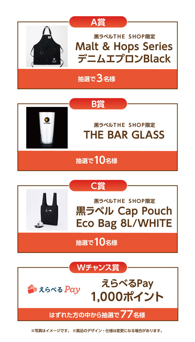 A賞:Malt & Hops Series デニムエプロンBlack 3名様 B賞:THE BAR グラス 10名様 C賞:黒ラベル Cap Pouch Eco Bag 8L/WHITE 10名様 Wチャンス賞:えらべるPay1,000円分 77名様