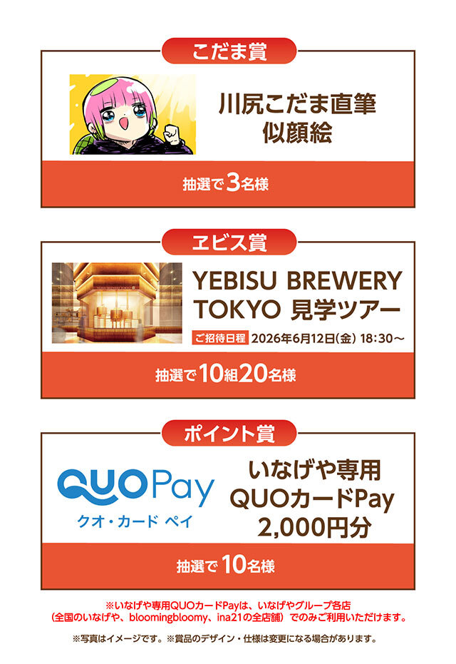 こだま賞:川尻こだま直筆似顔絵※デジタルデータでのお渡しとなります。 ヱビス賞:YEBISU BREWERY TOKYO 見学ツアー ポイント賞:いなげや専用QUOカードPay2,000円分