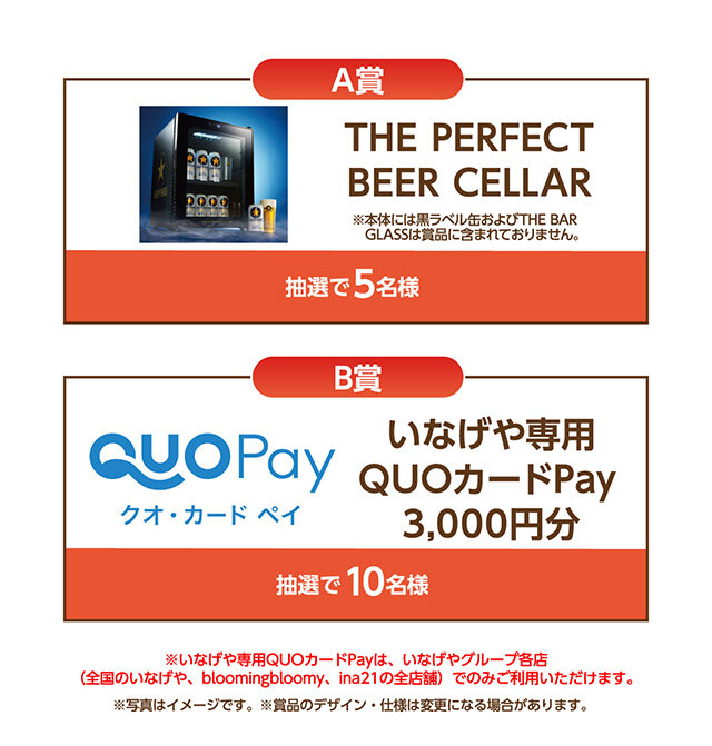 A賞:THE PERFECT BEER CELLAR B賞:いなげや専用QUOカードPay3,000円分