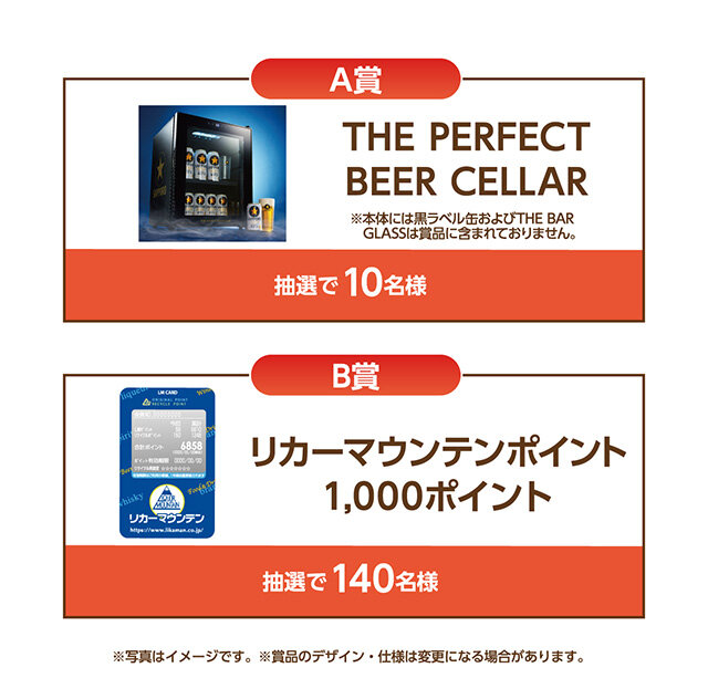 A賞：THE PERFECT BEER CELLAR 　B賞：リカーマウンテンポイント 1,000ポイント 