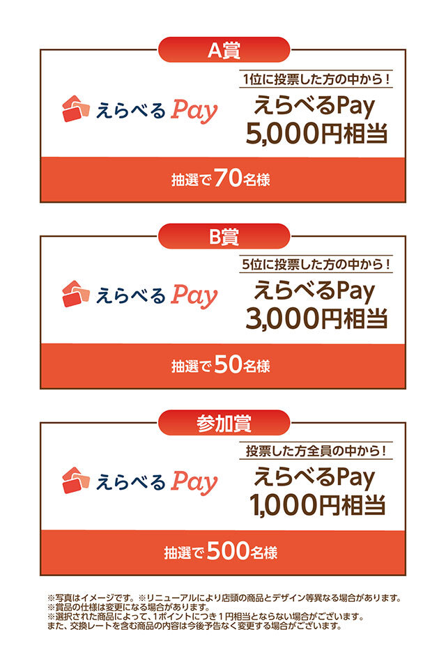 A賞（1位の割り方に投票した方から抽選）：えらべるPay5,000円相当 B賞（5位の割り方に投票した方から抽選）：えらべるPay3,000円相当 参加賞：えらべるPay1,000円相当