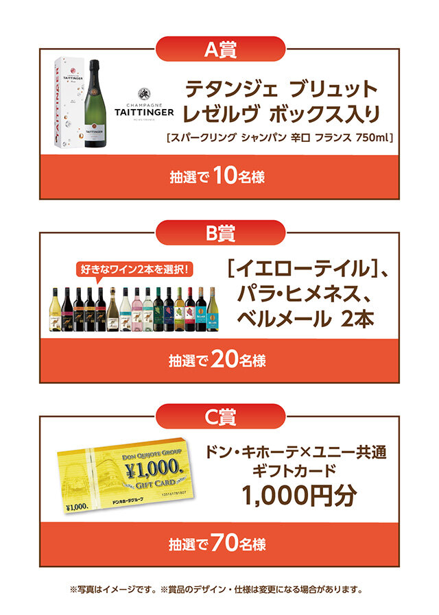 A賞：テタンジェ　ブリュット　レゼルヴ　ボックス入り(スパークリング　シャンパン　辛口　フランス　750ml) 　B賞：[イエローテイル]、パラ・ヒメネス、ベルメール　2本 　C賞：ドン・キホーテ×ユニー共通ギフトカード1,000円分