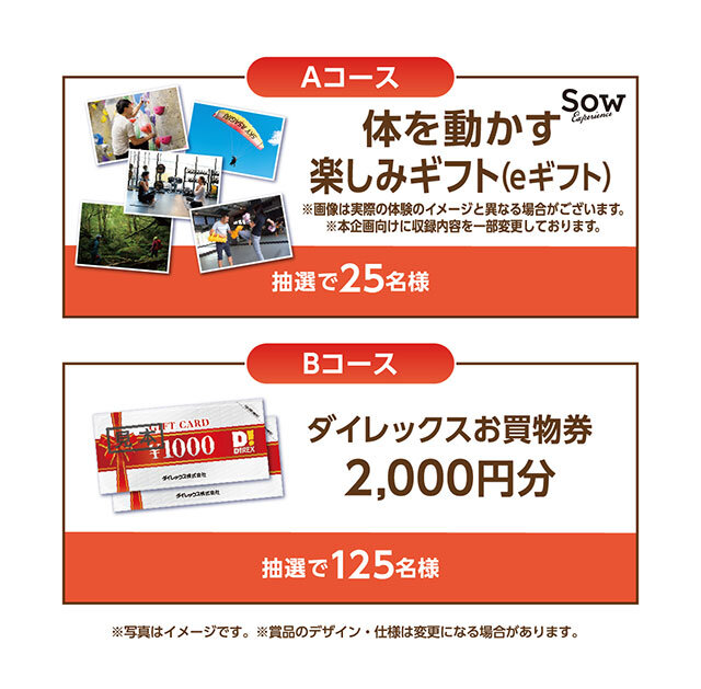 Aコース：体を動かす楽しみギフト（eギフト） Bコース：ダイレックスお買物券 2,000円分