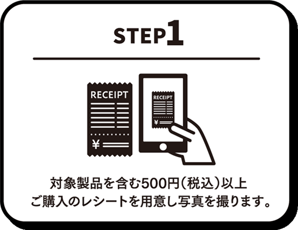 STEP1 対象商品を含む500円（税込）以上ご購入のレシートを用意し写真を撮ります。