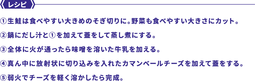 レシピ ①生鮭は食べやすい大きめのそぎ切りに。野菜も食べやすい大きさにカット。②鍋にだし汁と①を加えて蓋をして蒸し煮にする。③全体に火が通ったら味噌を溶いた牛乳を加える。④真ん中に放射状に切り込みを入れたカマンベールチーズを加えて蓋をする。⑤弱火でチーズを軽く溶かしたら完成。