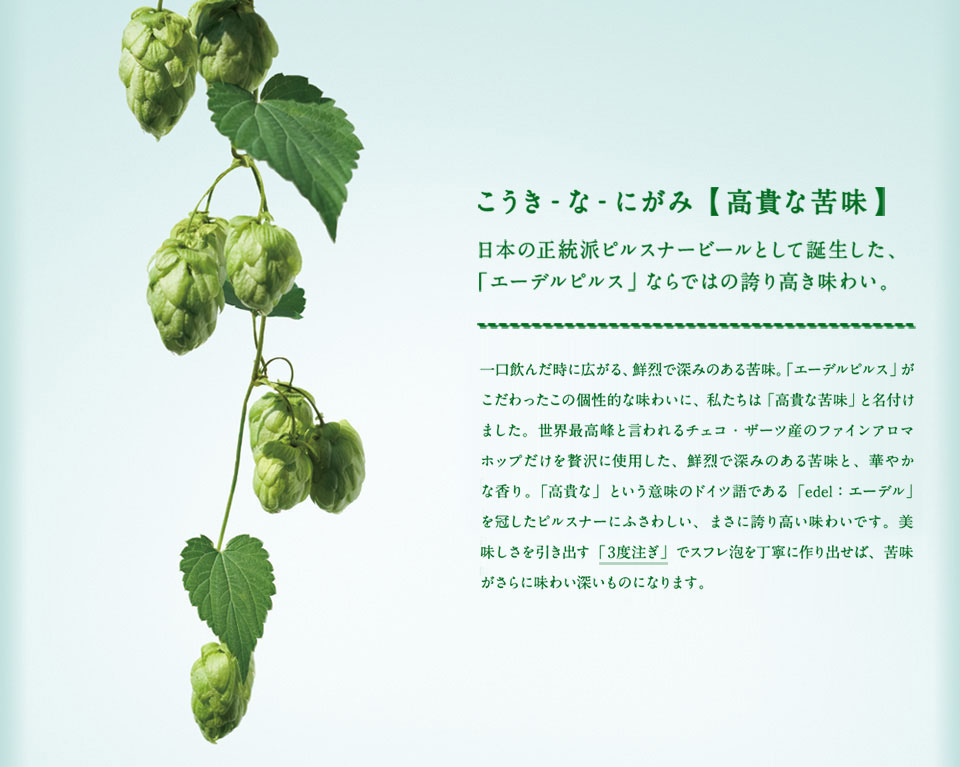 こうき-な-にがみ【高貴な苦味】 日本の正統派ピルスナービールとして誕生した、「エーデルピルス」ならではの誇り高き味わい。 一口飲んだ時に広がる、鮮烈で深みのある苦味。「エーデルピルス」がこだわったこの個性的な味わいに、私たちは「高貴な苦味」と名付けました。世界最高峰と言われるチェコ・ザーツ産のファインアロマホップを贅沢に使用した、鮮烈で深みのある苦味と、華やかな香り。「高貴な」という意味のドイツ語である「edel：エーデル」を冠したピルスナーにふさわしい、まさに誇り高い味わいです。美味しさを引き出す「3度注ぎ」でスフレ泡を丁寧に作り出せば、苦味がさらに味わい深いものになります。