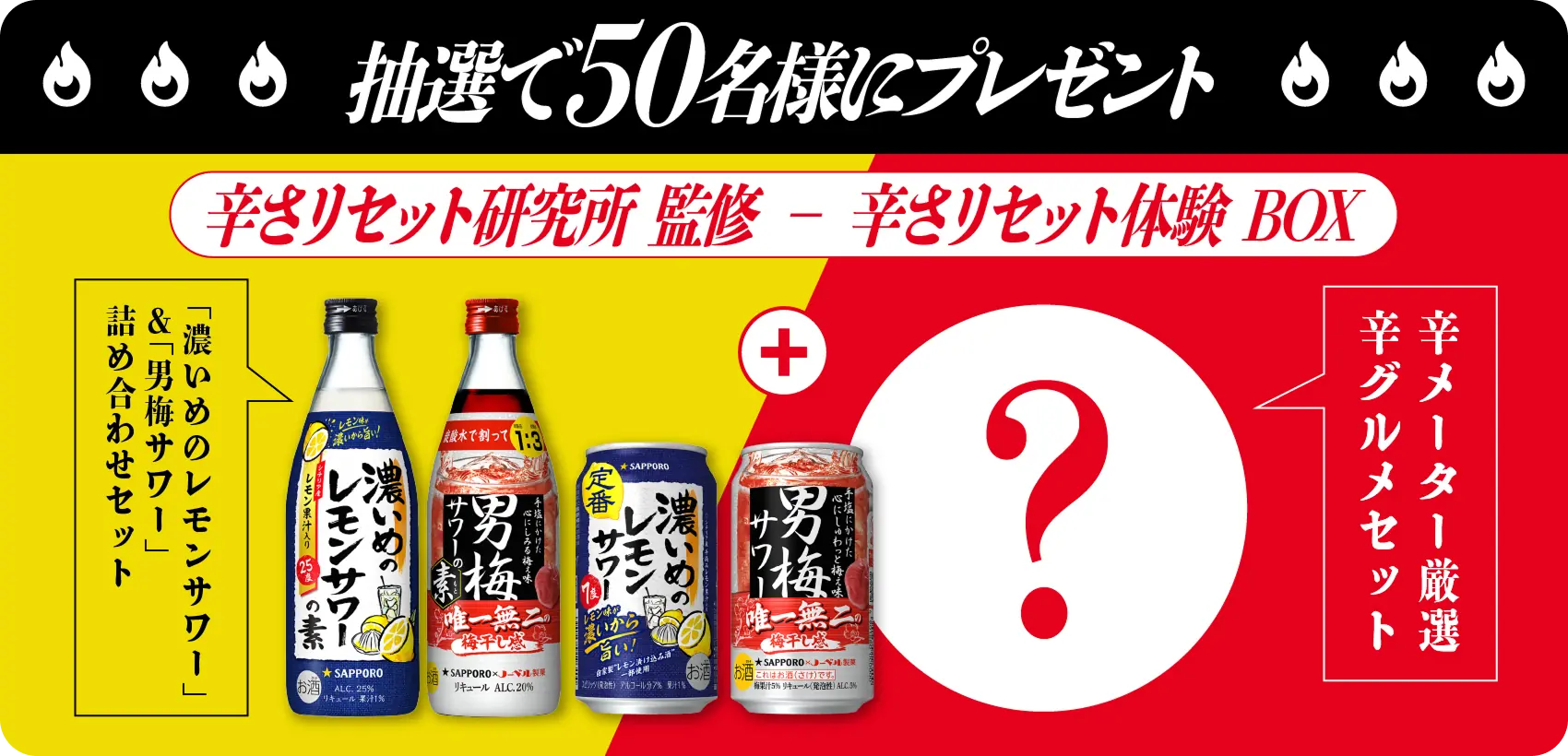 抽選で50名様にプレゼント 辛さリセット研究所 監修 - 辛さリセット体験 BOX 「濃いめのレモンサワー」＆「男梅サワー」詰め合わせセット　辛メーター厳選辛グルメセット