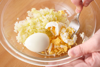 タルタルソースを作る。新玉ねぎ、セロリはみじん切りにしてボウルに入れ、酢、塩少々をふって5分おき、水気をしっかり絞る。ゆで卵の殻をむいて加え、フォークで粗くつぶす。マヨネーズ、塩少々、黒こしょうを加えて混ぜ、おろしわさびを加える。