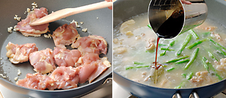 フライパンにサラダ油を中火で熱し、にんにくを炒める。香りが出たら鶏肉を加えて炒める。鶏肉全体に焼き色がついたら、スープを加える。枝豆、いんげんを加え、酢、しょうゆを加えて煮る。