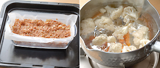 オーブンを180度に予熱する。ミートローフ型（菓子用の型でもよい）にオーブン用シートをしき、ひき肉だねを入れる。平らにならし、180度で25分焼く。竹串を刺してみて、赤い肉汁が出てこなければ焼き上がり。にんじんは皮をむき、食べやすい長さに切る。カリフラワーは小房に分ける。鍋に湯を沸かし、にんじんとカリフラワーをゆでてざるに上げる。