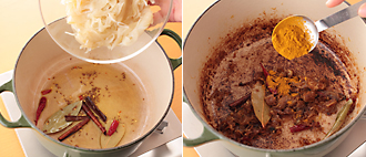 厚手の鍋にサラダ油とクミンシード、シナモンを入れて中火で熱し、クミンから気泡が出てきたらローリエ、赤唐辛子をちぎって入れる（油で炒めることで、スパイスの香りが引き出される）。1の玉ねぎを加え、茶色くなるまで10～15分ほど炒める。カレー粉を加え、全体になじむまで炒める。