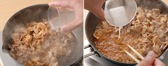スープを加え、豆板醤、オイスターソース、酒を加えて混ぜ合わせる。ひと煮たちしたら、片栗粉を小さじ２の水で溶いて加え、とろみをつける。熱いうちにキャベツの上にのせてでき上がり。