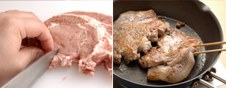 豚肉に塩、こしょう各少々をふり、筋に包丁で切り込みを入れる。フライパンを強火で熱し、豚肉を入れる。焼いているうちに豚肉から油が出てくるので、サラダ油は入れなくてよい。両面にこんがりと焼き色がついたら、ふたをして、弱火で５分ほど焼く。竹串を刺してみて、赤い肉汁が出てこなければ焼き上がり。皿に盛って１のデミグラスソースをかけ、じゃがいもとアスパラガスを添える。