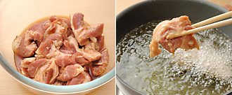 豚肉は、大きめのひと口大に切り、ボウルに入れてAをもみ込む。揚げ油を中温に熱する。豚肉に片栗粉をまぶし、揚げ油に入れてこんがりとするまで揚げて取り出し、油をきる。