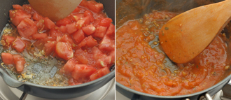 トマトソースを作る。トマトはへたを取ってざく切りにする。にんにくはみじん切りにする。鍋にオリーブオイルを中火で熱し、にんにく、トマトを炒める。塩、こしょう、顆粒スープ、ハーブミックスを加えて炒めながら煮詰めていく。3～4分して、とろりとしてきたら火を止める。