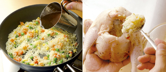 詰めものを作る。米はさっと洗ってざるに上げ（吸水させる必要はない）、フライパンにオリーブ油を中火で熱し、にんにく、米を入れて炒める。全体に油がなじんだらミックスベジタブルを加え、米が透き通るまで炒める。スープを加え、水分がなくなるまで炒め煮にする。天板にオーブン用シートを敷いて丸鶏をのせ、米を詰める。