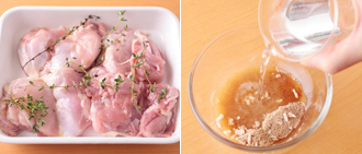 鶏肉は皮をはがして半分に切り、バットに入れてAとからめて、15分以上おく。オニオンスープの素を湯1/2カップで溶いておく。