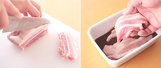豚肉は、長さ13～14センチに切ってまな板に縦に置き、厚さ5ミリくらいに切る。合わせみその材料を混ぜてバットなどの容器に入れ、豚肉にからめながら漬けて、10分以上おく。