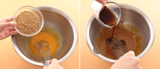 卵は卵黄と卵白に分け、卵白は10～15分ほど冷凍庫で冷やしておく（こうするときめ細かく泡立つ）。薄力粉とベーキングパウダーは合わせてふるっておく。大きめのボウルに卵黄を入れ、黒糖を加えて泡だて器で混ぜ合わせる。サラダ油、黒ビールの順に加えてさらに混ぜ、ふるっておいた粉を加えて混ぜ合わせる。
