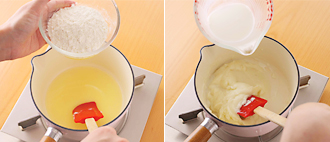 卵は卵黄と卵白に分ける。ハムは1センチ四方に切る。耐熱容器に牛乳を入れ、電子レンジ（600W）で30秒加熱する。小鍋にバターを入れて弱めの中火にかけて溶かす。薄力粉を加え、焦がさないように炒める。温めた牛乳を、混ぜながら少しずつ加え、もったりするまで煮て、塩、こしょう、ナツメグを加える。