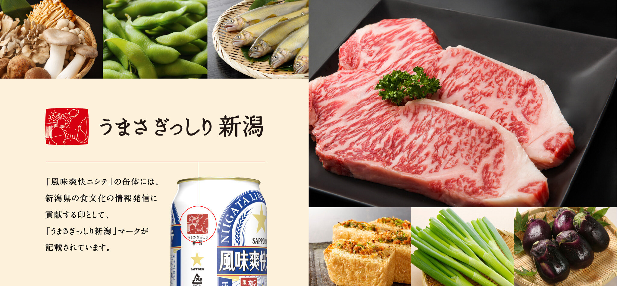 うまさぎっしり新潟　「風味爽快ニシテ」の缶体には、新潟県の食文化の情報発信に貢献する印として、「うまさぎっしり新潟」マークが記載されています。