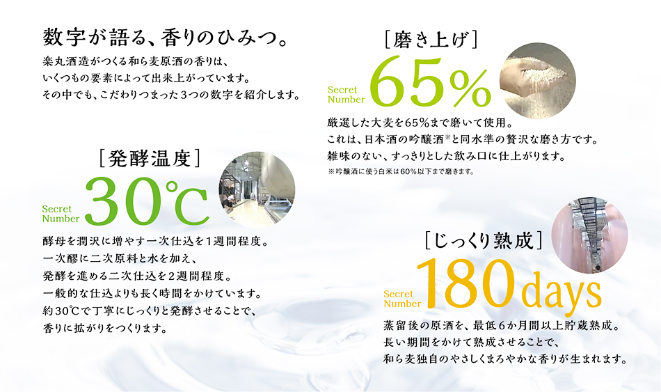 数字が語る、香りのひみつ。 楽丸酒造がつくる和ら麦原酒の香りは、
                    いくつもの要素によって出来上がっています。その中でも、こだわりつまった3つの数字を紹介します。 [磨き上げ] SecretNumber65% 厳選した大麦を65%まで磨いて使用。これは、日本酒の吟醸酒※と同水準の贅沢な磨き方です。雑味のない、すっきりとした飲み口に仕上がります。※吟醸酒に使う白米は60%以下まで磨きます。 [発酵温度] Secret30°CNumber 酵母を潤沢に増やす一次仕込を1週間程度。一次醪に二次原料と水を加え、発酵を進める二次仕込を2週間程度。一般的な仕込よりも長く時間をかけています。約30°Cで丁寧にじっくりと発酵させることで、香りに拡がりをつくります。 [じっくり熟成] SecretNumber180days 蒸留後の原酒を、最低6か月間以上貯蔵熟成。長い期間をかけて熟成させることで、和ら麦独自のやさしくまろやかな香りが生まれます。