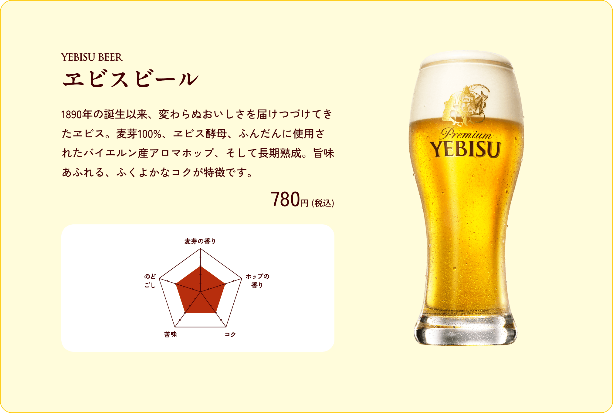 ヱビスビールの商品詳細。特徴、価格、味わいチャートを掲載。
