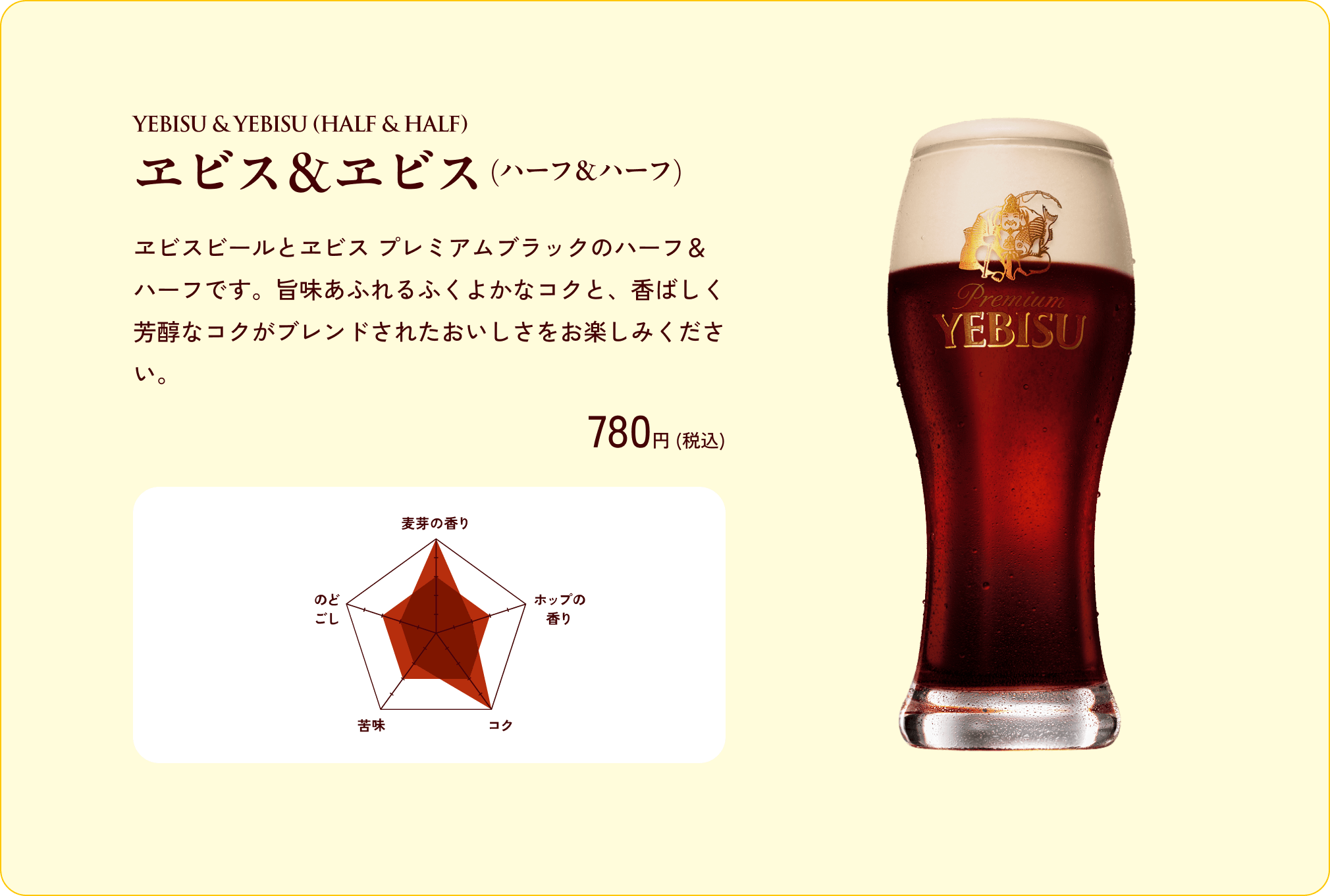 ヱビス＆ヱビス（ハーフ＆ハーフ）の商品詳細。特徴、価格、味わいチャートを掲載。