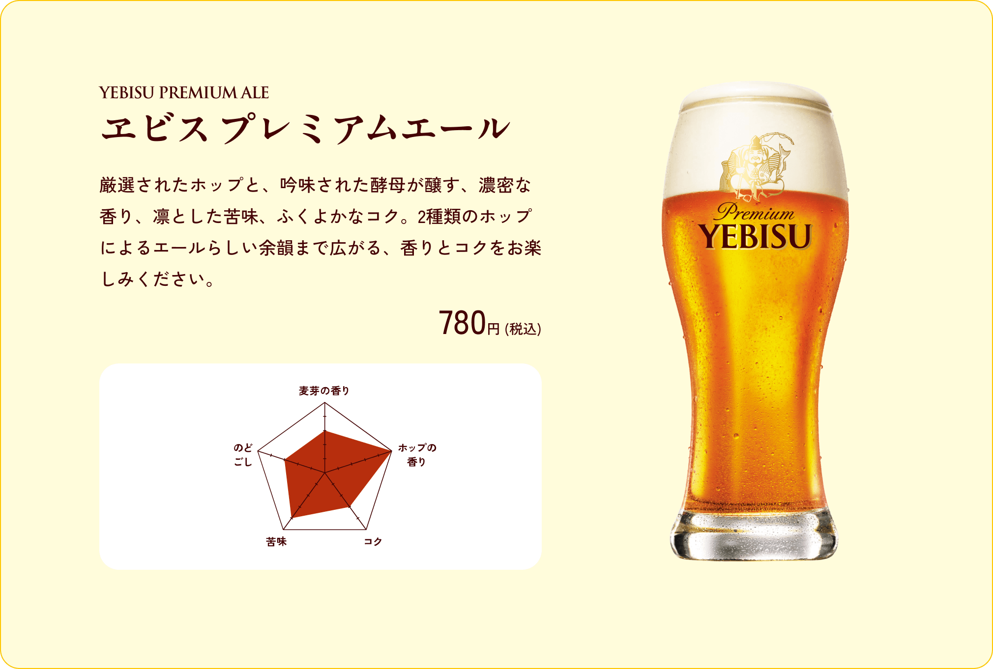 ヱビスプレミアムエールの商品詳細。特徴、価格、味わいチャートを掲載。