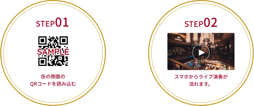 STEP01 缶の側面のQRコードを読み込む→STEP02 スマホからライブ演奏が流れます。